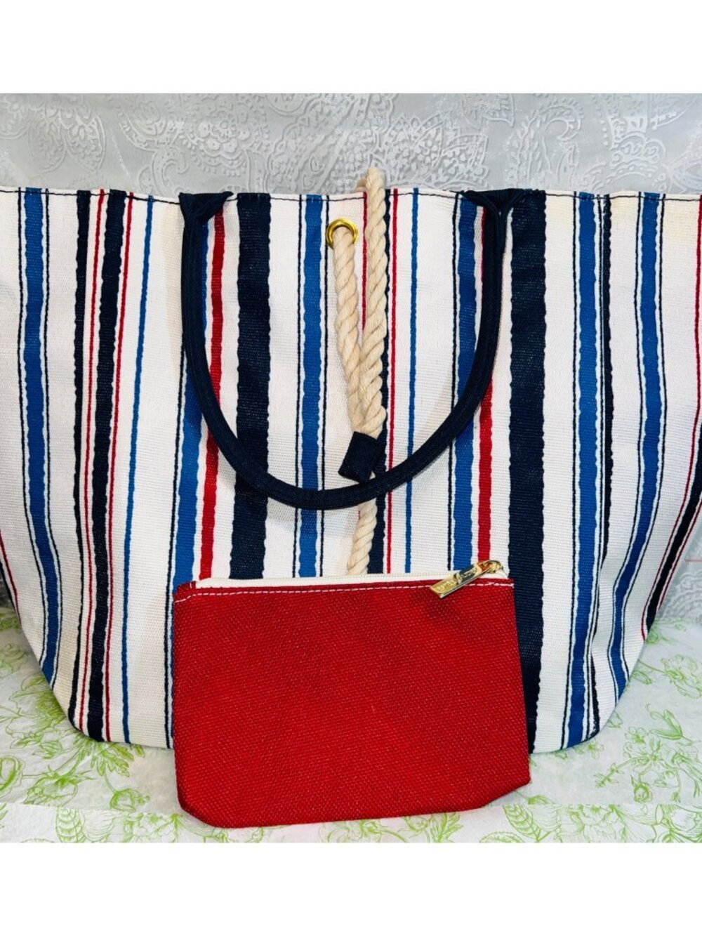 Striped Canvas Tote Bag  Rope Handles & Red Zipper Pouch 16"x14" By Estee Lauder